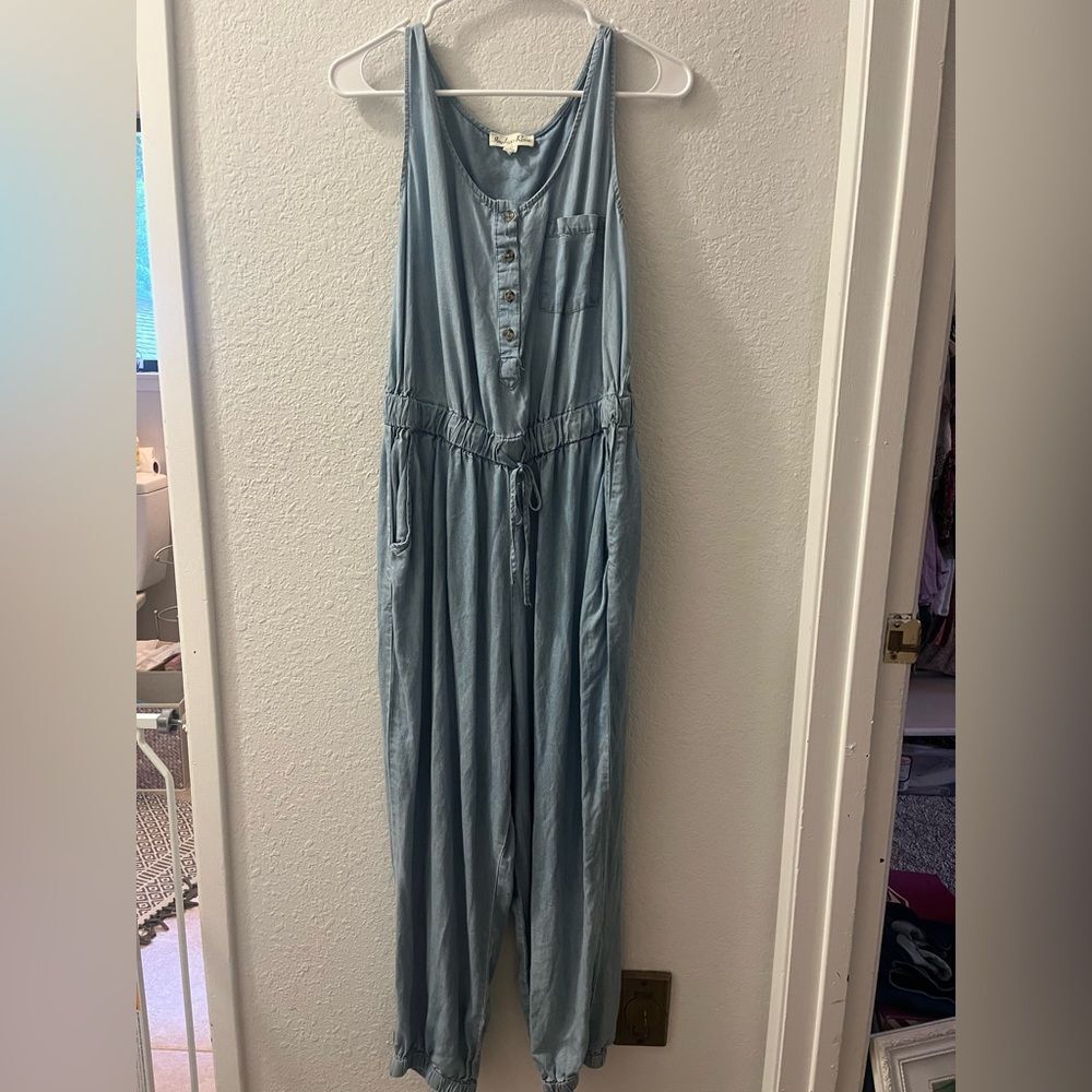 Blue Sleeveless Jumpsuit with Button Detail